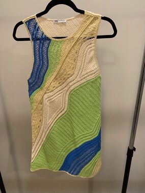ZARA Blue, Green & Cream Crochet Mini Dress